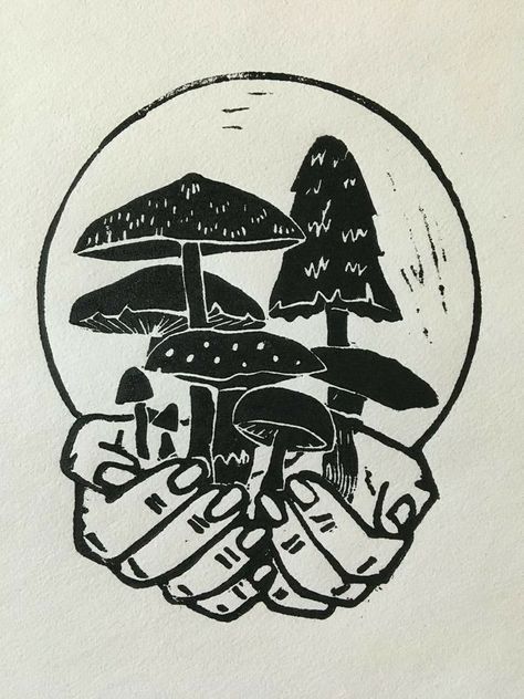 Mushroom Screen Print, Linocut Art Mushroom, Linoprint Mushroom, Lino Mushroom, Mushroom Printmaking, Moon Lino Print, Mushroom Lino Print, Woodland Linocut, Hands Linocut