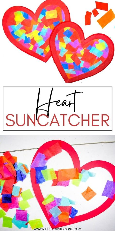 It doesn't get easier that this Heart Suncatcher Craft! It's perfect for decorating your windows for Valentine's Day! Simply cut out a heart outline and apply contact paper to one side, then stick squares of tissue paper to the contact paper and finish it with another piece of contact paper on the back. A no mess easy craft idea! Contact Paper Crafts, Valentine Paper Crafts, Tissue Paper Craft, Heart Suncatcher, Tissue Paper Crafts, February Crafts, Window Crafts, Suncatcher Craft, Valentine Crafts For Kids