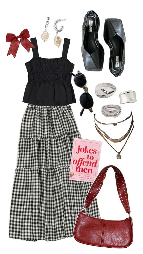 #spring #springoutfitinspo #springoutfit #outfit #fall #falloutfit #coquette #coquetteoutfit #pilatesprincess #red #gingham #longskirt #skirt #silver Red Gingham Skirt Outfit, Gingham Skirt Outfit, Tiered Skirt Outfit, Cozy Crafts, Gingham Outfit, Gingham Skirt, Red Gingham, Outfit Fall, Skirt Outfit