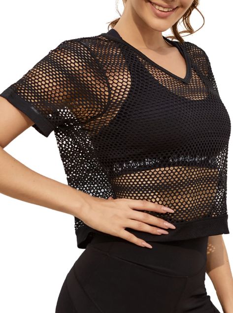 Tops For Women Black, Mesh Workout Top, Fishnet Shirt, Fishnet Crop Tops, Crop Top For Women, Workout Crop Top, Yoga Gym, Top For Women, Amazon Women