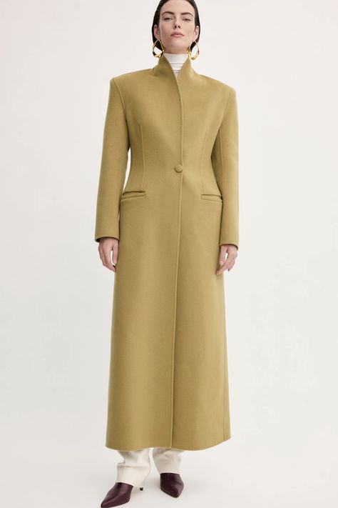 Tove Fall 2024 Ready-to-Wear Fashion Show | Vogue Fashion 2024, Silk Maxi Dress, Runway Show, Mellow Yellow, Skirted Swimwear, Fall 2024, Moss Green, Contemporary Fashion, Long Coat