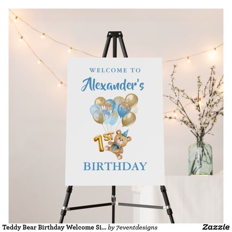 Teddy Bear Birthday Welcome Sign Foam Board First Birthday Welcome Board, Birthday Party Welcome Board, Games First Birthday, Birthday Party Foods, 1st Birthday Board, Baby Boy Birthday Cake, First Birthday Favors, Welcome Photos, First Birthday Games