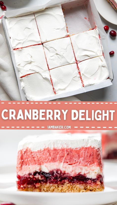 one image shows a silver pan with eight cranberry delights bars in it. the second image shows one cranberry delight bar on a small white plate. Layered Cranberry Gelatin Salad, Christmas Delight Dessert, Cranberry Torte, Cranberry Dessert Recipes, Cranberry Delight, Church Desserts, Cranberry Desserts, Cranberry Recipes Dessert, Cranberry Cheesecake Bars