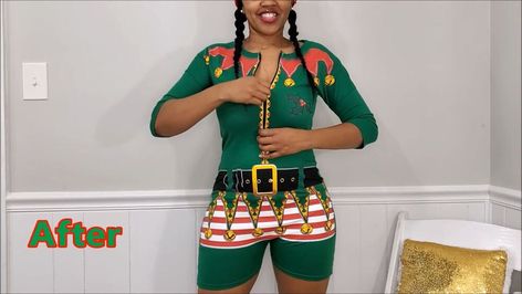 This is a guide to making a DIY elf costume. Learn how to make an elf costume out of a novelty Christmas t-shirt with this festive step-by-step tutorial. Elf Costume Ideas, Elf Belt, Diy Elf Costume, Diy For Christmas, Diy Romper, Diy Elf, Holiday Romper, Elf T Shirt, Sew Zipper