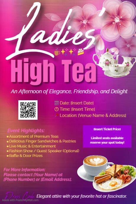 Editable High Tea Celebrity Party Meeting Event flyer High Tea Poster Design, Ladies High Tea, Pink Maximalist, Fellowship Ideas, Ladies Event, Breakfast Meeting, Celebrity Party, High Tea Party, Finger Sandwiches