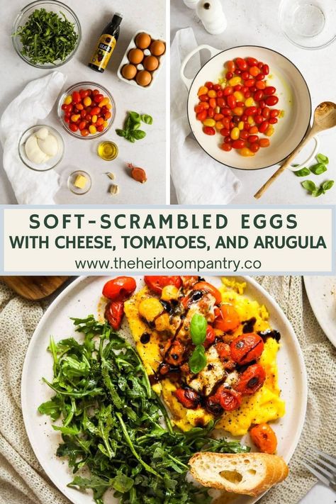 Scrambled Eggs with Cheese, Tomatoes, and Arugula is the perfect scrambled eggs recipe for a lazy weekend breakfast. It features fluffy soft-scrambled eggs, creamy burrata, blistered cherry tomatoes, and an arugula salad topped with a balsamic glaze. It takes just a few minutes of prep time to make this restaurant-worthy brunch! Eggs And Arugula, Eggs Cherry Tomato Breakfast, Arugula Egg Breakfast, Fancy Scrambled Eggs, Breakfast Arugula, Arugula Eggs, Arugula Breakfast, Cooked Arugula, Blistered Cherry Tomatoes