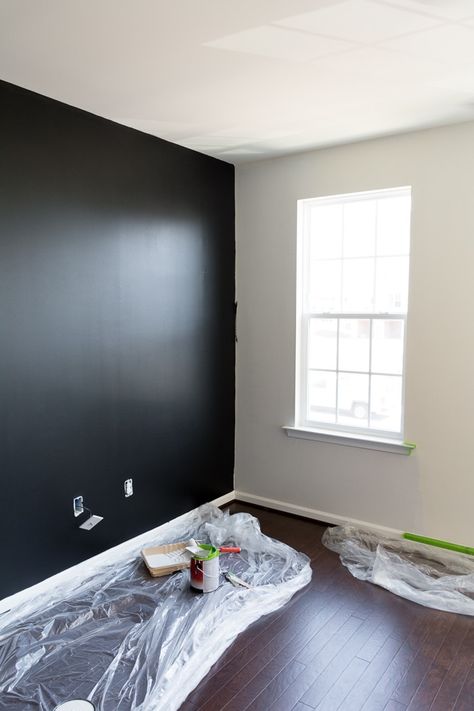 Black Wall Room Decor, Grey Bedroom With Black Accent Wall, Gray Wall With Black Accent Wall, Black And White Wall Living Room, Plain Accent Wall, Grey Black Room Bedroom, Black Wall In Master Room, Black Accent Wall Grey Walls, Black Painted Walls Ideas