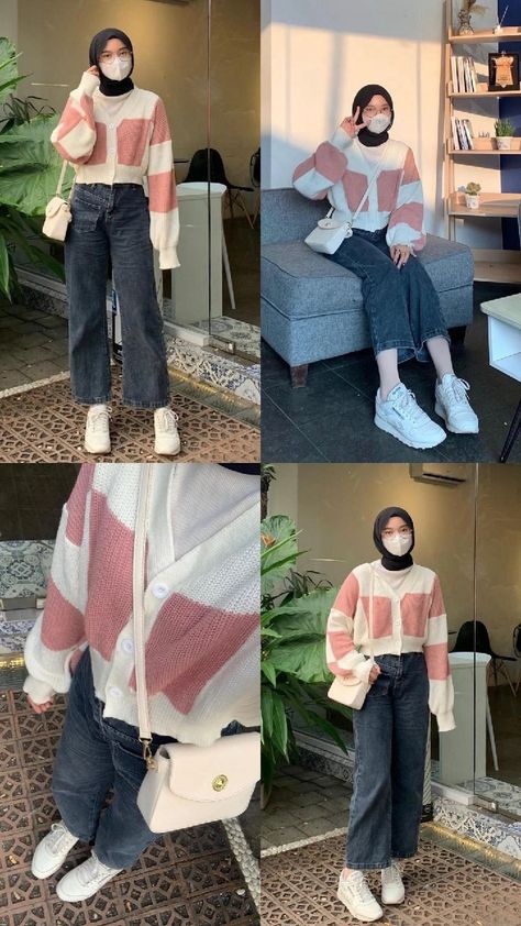 Ootd Crop Top Hijab, Ootd Sweater Crop, Outfit Rajut, Crop Top Sweater Outfit, Ootd Korean Style Hijab, Cropped Jacket Outfit, Ootd Sweater, Outfit Ngampus, Cropped Outfits