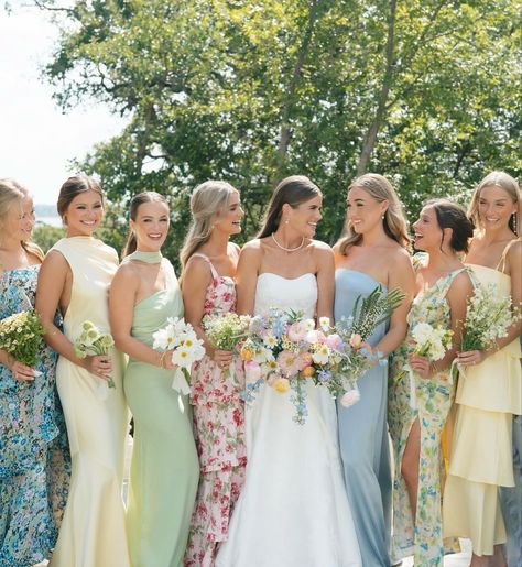 Pastel Mix And Match Bridesmaids, Mixed Florals Bridesmaids, Pastel Floral Dress Bridesmaid, Sage Green Bridesmaid Dresses With Wildflowers, Bridesmaids Pastel Dresses, Bridesmaid Dresses Color Ideas, Assorted Bridesmaid Dresses, Floral Wedding Bridesmaid Dresses, Coastal Wedding Bridesmaids