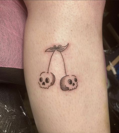 Skull Cherry Tattoo Simple, Creepy Cute Tattoo Ideas, Small Skull Tattoo For Women, Skull Cherries Tattoo, Small Creepy Tattoos, Ragdoll Tattoo, Cherry Skull Tattoo, Rowan Tattoo, Cute Skull Tattoos