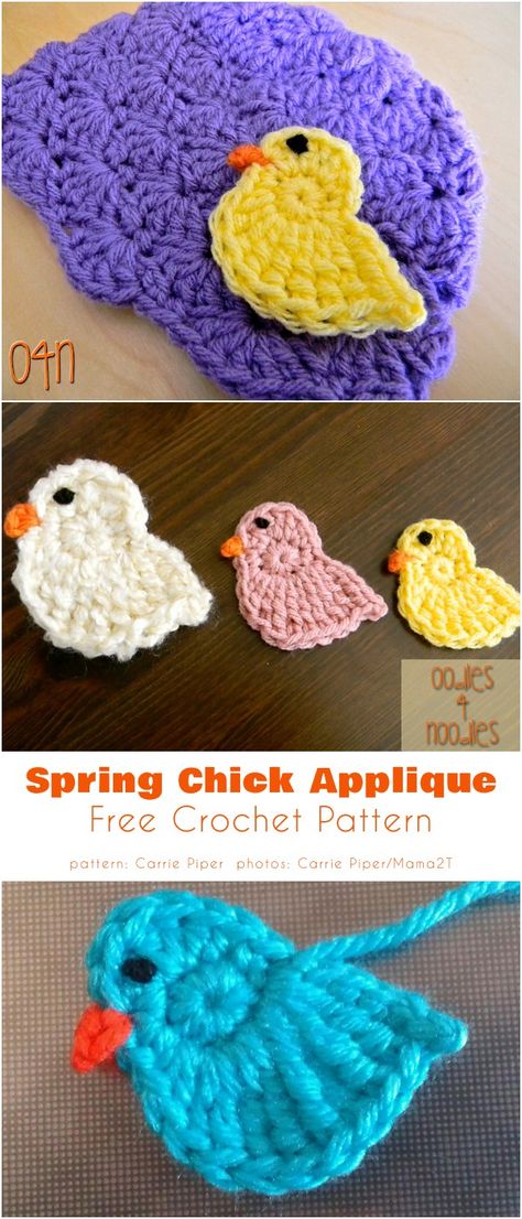 Spring Chick Applique Crochet Chick Applique Free Pattern, Easter Crochet Applique, Crochet Easter Applique Patterns Free, Crochet Mini Applique, Chicken Applique Patterns Free, Easter Applique Patterns, Crochet Bird Applique, Shell Images, Crochet Seasonal