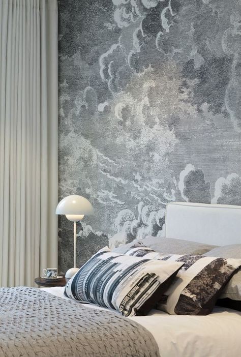 Cloud Wallpaper Bedroom, Nuvolette Wallpaper, Wallpaper Bedroom Feature Wall, Wallpaper Design For Bedroom, Soothing Bedroom, Japanese Bedroom, Feature Wall Bedroom, Cloud Wallpaper, Wall Decor Design