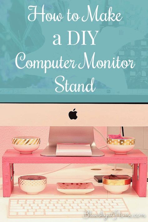 How to Make a DIY Computer Monitor Stand. This step~by~step tutorial walks you through how to make an easy computer monitor stand with materials and supplies you may already have at home. Make it a couple of hours. It's a pretty and practical way to increase storage and efficiency. BlueskyatHome.com Monitor Stand Diy, Cubicle Ideas, Computer Monitor Stand, Computer Riser, Office Organization At Work, Monitor Riser, Computer Parts, Computer Stand, Work Diy