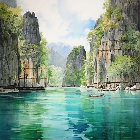 Clear Water Painting, Earthy Wall Art, Mountain Rocks, Tropical Sun, Palawan Philippines, Wall Art Design, Lake Landscape, Shades Of Turquoise, Breathtaking Beauty