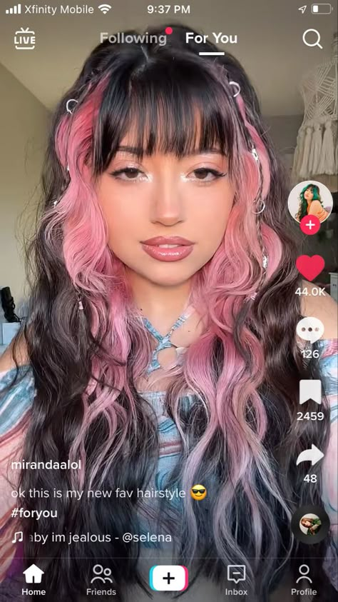 Hairdye Ideas With Bangs, Brown Hair Colored Money Piece, Two Pieces Of Hair Dyed, Halo Pink Hair, Pink Peak A Boo Black Hair, Miranda Rae Hair Pink, Different Styles To Dye Your Hair, Two Color Hair Dye Ideas With Bangs, Pink Peak A Boo Curly Hair