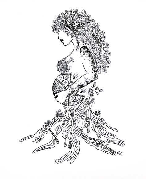 Mother Nature Drawing Goddesses, Mother Nature Sketch, Mother Nature Tattoos Goddesses, Mother Earth Drawing, Mother Earth Tattoo, Goddess Tattoos, Mother And Baby Tattoo, Nature Digital Art, Mother Nature Goddess