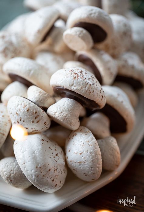 How to Make Meringue Mushrooms #meringue #mushrooms #confection #chocolate #yulelog #BûcheDeNoël #buchedenoel #dessert #recipe #chocolate #cake #christmas #holiday #swissroll Chocolate Cake Christmas, Meringue Mushrooms, How To Make Meringue, Chocolate Melting Wafers, Cake Christmas, Yule Log, Stuffed Mushroom Caps, Swiss Roll, Pastry Bag