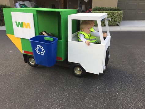 Recycling Truck Costume, Trash Truck Halloween Costume Wagon, Garbage Truck Wagon Costume, Trash Truck Halloween Costume, Wagon Costume, Boys Halloween Costumes Diy, Mardi Gras Kid, Trash Bash, Truck Theme Birthday