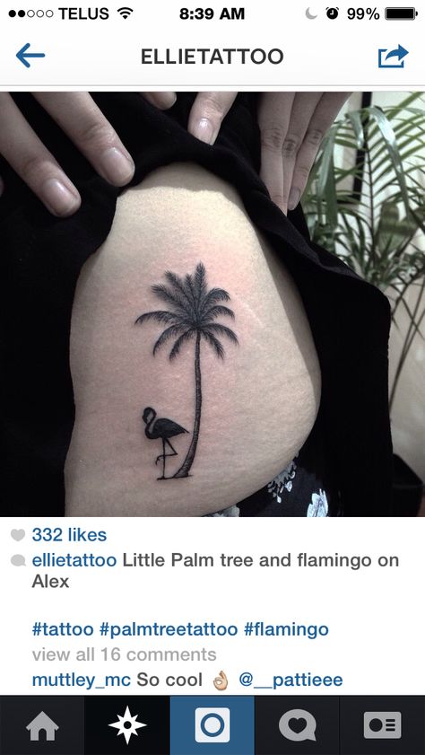 Flamingo tattoo. Yes! Flamingo With Palm Tree Tattoo, Palm Tree And Flamingo Tattoo, Palm Tree Flamingo Tattoo, Flamingo Palm Tree Tattoo, Flamingo Tattoo Black, Processor Recipes, Island Tattoo, Flamingo Tattoo, Dolphins Tattoo