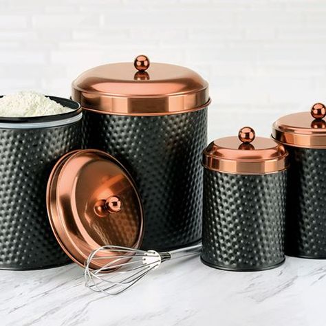 *NEW* Ashby Canisters  -Matte black and copper color combination  -Hammered finish  -Gasket to seal in freshness  -4 versatile sizes perfect for storing a variety of dry goods    #copper #black #matte #matteblack #copperandblack #hammered #kitchen #modern #modernkitchen #storage #canister #canisters #canisterset #container #cooking #baking #flour #sugar #coffee #tea #amicihome White And Rose Gold Kitchen, Redo Laundry Room, Canister Ideas, Countertop Canisters, Vintage Copper Tea Kettle, Cook Wear, Kitchen Countertop Storage, Cooking Ware, Home Ideas Kitchen