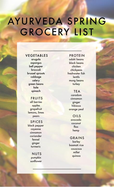 A grocery list for spring based on the science of Ayurveda. Ayurveda Spring, Aryuvedic Recipes, Vata Ayurveda, Ayurvedic Living, Ayurveda Healing, Ayurveda Pitta, Ayurveda Kapha, Ayurveda Vata, Ayurveda Diet