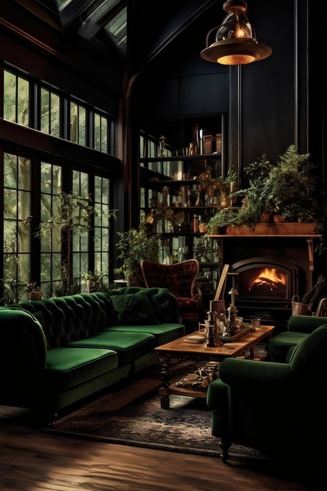 a dark cottage core living room. room in a cabin style set up. a velvet green couch with a antique coffee table between the two. many plants surround the design. a fire place burning making the scene seem warm and cozy. the back wall is all windows showing a forest behind. and theres an antique 19th century carpet. Library With Green Couch, Green Couch Library, Green Room Library, Library Room Green, Emerald Green Library, Green Room Ideas Living Room, Dark Academia Couch, Emerald Green Couch Living Room Ideas, Tall Windows Living Room