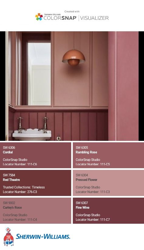 I just created this color palette with the Sherwin-Williams ColorSnap® Visualizer app on my Android phone. What do you think? You can learn more about ColorSnap Visualizer and get it on your phone free by visiting https://www.sherwin-williams.com/content/colorsnap.html. Sherwin Williams Orchid, Sherwin Williams Rose Brocade, Sherwin Williams Rachel Pink, Fading Rose Sherwin Williams, Sommelier Sherwin Williams, Pressed Flower Sherwin Williams, Roycroft Rose Sherwin Williams, Sherwin Williams Cabbage Rose, Sherwin Williams Mauve