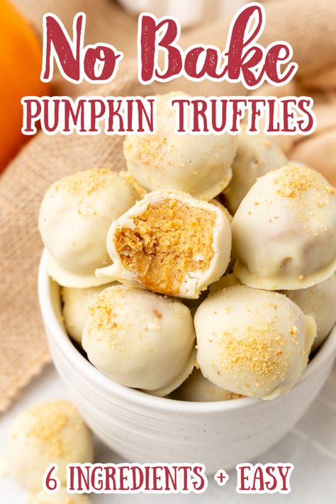 Pumpkin Truffles – All of your favorite pumpkin cheesecake flavors in a truffle! Pumpkin puree, pumpkin pie spice, white chocolate, cream cheese, and more all blended together and rolled into balls before being coated in white chocolate. Perfect to make for Thanksgiving or any fall event! Truffle Recipes | Pumpkin Desserts | No Bake Pumpkin Desserts #truffles #pumpkin #fall #dessert Thanksgiving Baked Desserts, White Chocolate Pumpkin Balls, Pumpkin Cream Cheese Truffles, White Chocolate Pumpkin Truffles, Pumpkin Cheesecake Truffle Balls, Easy Pumpkin Truffles, Pumpkin Mold Desserts, Pumpkin Truffles Recipe, Pumpkin Candy Recipes