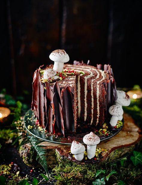 Tree stump cake - This cake is essentially a gigantic Swiss roll. Add chocolate bark and meringue mushrooms to complete the brilliant effect. Chocolate Yule Log Recipe, Yule Log Cake Recipe, Meringue Mushrooms, Stump Cake, Tree Stump Cake, Yule Log Recipe, Tårta Design, Chocolate Log, Chocolate Yule Log