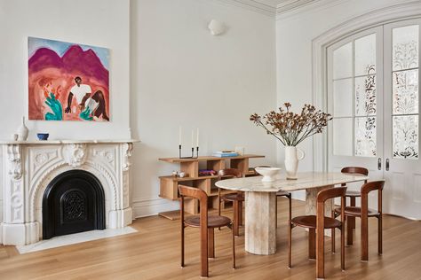 A Colorful Brooklyn Townhouse Inspired by “La Joie de Vivre” Luxe Apartment, Powder Room Tile, New York Brownstone, Pink Ottoman, Brooklyn Townhouse, New York Townhouse, Parlor Floor, Eclectic Dining, Low Sofa