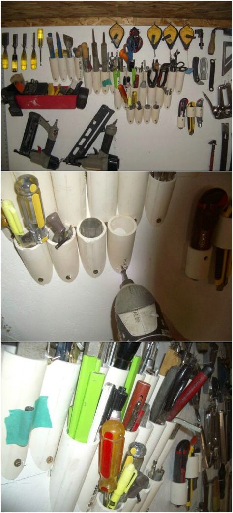 Tool Organizer -- Great idea, like I've said before, try explaining this to a man while in a Home Improvement store in the PVC isle -- blank stare............ Pvc Pipe Storage, Ultimate Organization, Pvc Storage, Pvc Pipe Crafts, Pvc Pipe Projects, Garage Storage Solutions, Garage Organization Diy, Pvc Projects, Pvc Pipes