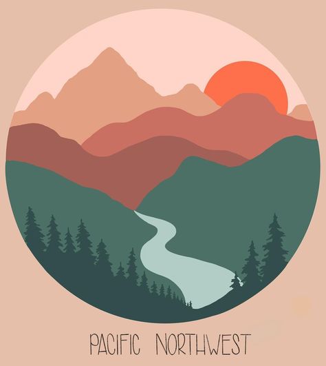 Pnw Art Prints, Pacific Northwest Illustration, Pnw Painting, Pacific Northwest Tattoo, Pacific Northwest Aesthetic, Pnw Aesthetic, Pnw Art, Pacific Northwest Style, Diy Canvas Art Easy