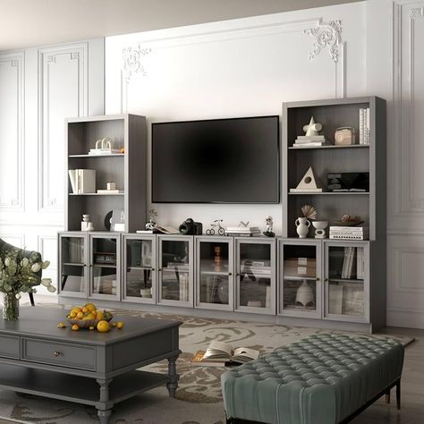 Amazon.com: FAMAPY Entertainment Center with Bookshelves & Glass Doors, Living Room Entertainment Center with Bridge, Hutch Space for TV, Wood Grain Grey (126”W x 15.7”D x 70.9”H) : Home & Kitchen Bookshelves Glass Doors, Glass Doors Living Room, Entertainment Center With Bookshelves, Doors Living Room, Living Room Entertainment Center, Tv Console Table, Living Room Entertainment, Media Furniture, Small Cabinet