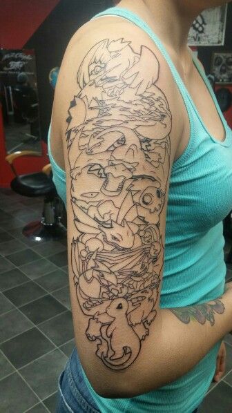 The outline to my pokemon sleeve. ♡ Pokemon Sleeve Tattoo Design, Pokemon Arm Tattoo, Pokemon Leg Tattoo, Unknown Pokemon Tattoo, Tattoos Half Sleeve, Pokemon Sleeves, Legs Video, Game Tattoo, Pokemon Tattoos