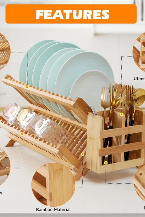 Natural Bamboo Material--Our dish drying rack uses natural high-quality material, which has solid materials, a smooth finish, and a compact design. This dish rack utensil holder is no chemicals found in plastic dish racks, so no more safety risks. Kitchen Plate Rack, Wooden Dish Rack, Wooden Utensil Holder, Draining Rack, Bamboo Diy, Bamboo Dishes, Utensil Rack, Bamboo Utensils, Wooden Dishes