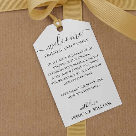 Make sure your guests feel extra special with our Wedding Welcome Bag tag. Its beautiful and sophisticated script lettering adds elegance and a personal touch to each bag or gift. Show your guests the love and appreciation they deserve by making their welcome bags even more special. All text style, colors, sizes can be modified to fit your needs. If you need help or matching items, please don't hesitate to reach out to me. Welcome Package Guest, Wedding Welcome Bag Tags, Wedding Guest Goodie Bag Ideas, Wedding Guest Gift Bag, Wedding Guest Bags, Guest Gift Bags, Hotel Welcome Bags, Welcome Bag, Wedding Bags