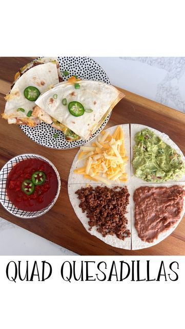 Crisp Collective on Instagram: "Air Fryer Quad Quesadillas 💃🏻 Use a knife or pizza cutter to divide your tortilla into four sections, leaving a circle entact in the middle. Choose 4 ingredients, placing one per section. We used seasoned ground beef, beans, guacamole and cheese. Fold the sections to create one quad quesadilla. Place in the air fryer at 350 degrees for 3-5 minutes or until golden brown and cheese is melted. I LOVE that you get all four ingredients in every bite! Mix it up howe Tortilla Quarter Fold Recipes, Folding Quesadillas, Folded Quesadilla Recipes, Air Fried Quesadilla, Air Fryer Pizza Quesadilla, Hamburger Recipes, Tortilla Wraps, Quesadillas, 4 Ingredients