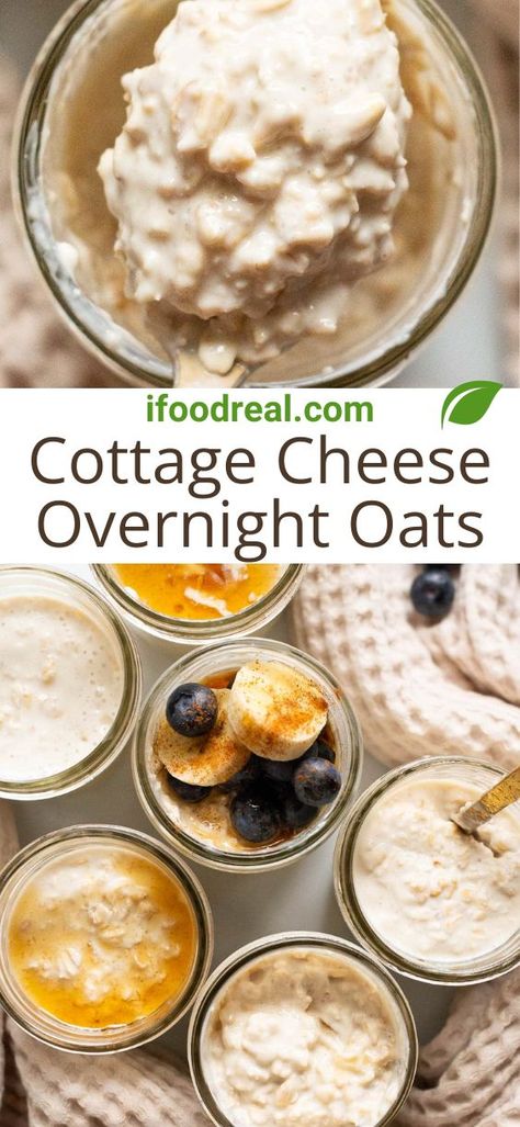 Extra creamy Cottage Cheese Overnight Oats blend up in 5 minutes with just 5 ingredients. Let them set and enjoy a healthy breakfast or snack packed with 11 grams of protein! Overnight Oats With Cottage Cheese, Cottage Cheese Overnight Oats, Blended Cottage Cheese, 30 Minute Meals Healthy, Chia Overnight Oats, Overnight Oats Healthy, Cottage Cheese Recipes, Overnight Oatmeal, A Healthy Breakfast