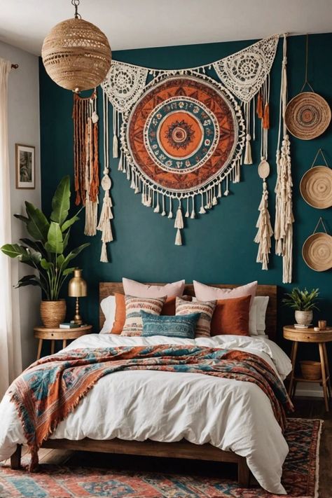 Boho Art Ideas, Bedroom Art Work, Boho Bedroom Art, Bedroom Art Ideas, Bedroom Inspirations Aesthetic, Boho Style Bedroom Decor, Bedroom Decor Bohemian, Funky Bedroom, Grown Up Bedroom