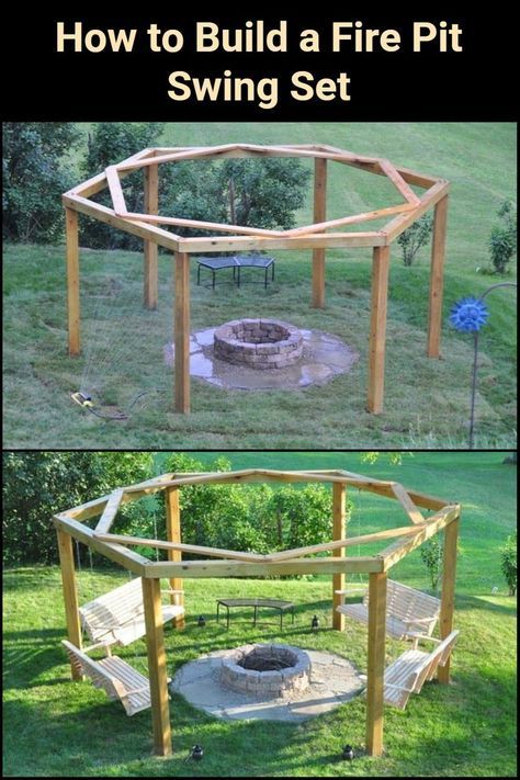 Outdoor Fire Pit With Swings, Diy Farmhouse Outdoor Decor, Fire Pit Area With Swings, Firepit Swings Backyard, Fire Pit With Swings Around It, Octagon Fire Pit Area, Fire Pit Seating Diy, Swings Around Fire Pit, Adult Swing Set Diy