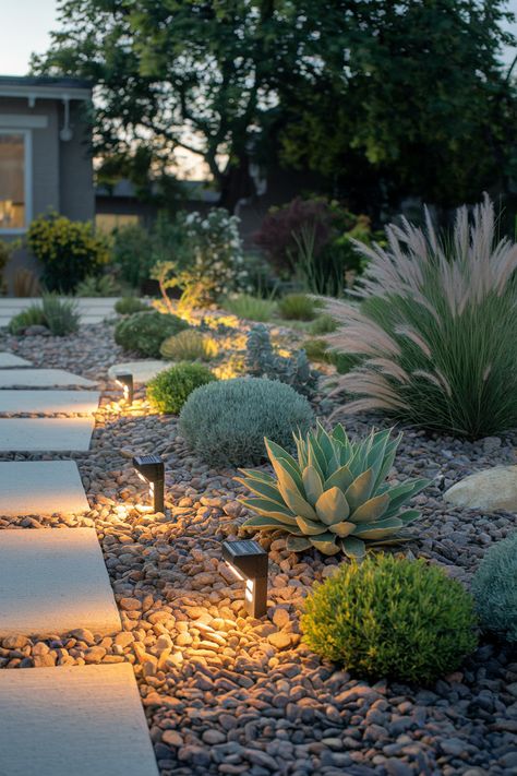 👉 Follow the link for more Drought-Tolerant Front Yard Landscaping Ideas! 💡 Illuminate your yard with solar-powered lights that highlight pathways and drought-tolerant plants. Eco-friendly and functional, these lights complete any Low Water Landscaping design. 🌿✨ #DroughtTolerantLandscapeFrontYard #DroughtResistantLandscaping #LowWaterLandscaping 🌞 California Landscape Front Yard, Front Yard Landscaping Makeover, Backyard Rock Landscaping, Front Yard Lighting Ideas, Low Maintenance Backyard Landscaping, Desert Restaurant, Drought Tolerant Front Yard, Front House Ideas, Small Front Yard Landscaping Ideas