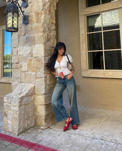 if I left you on red, here’s why 💬🍒 fall fashion is my absolute favorite so be prepared for some fun fits — linking everything on @shopmy (linked in bio) top @loveshackfancy jeans @motelrocks shoes @misslola @misslolaofficial bag @burberry sunnies @rayban . . . . . . . . . transitional outfits, wearing vs styling, styling outfits, fall outfits, fall fashion #wearingvsstyling #fallfashion #fallstyle #outfitideas #dallasblogger #dallasinfluencer Red Buckle Flats Outfit, Fun Fits, Transitional Outfits, Buckle Flats, Styling Outfits, Flats Outfit, Buckled Flats, Transition Outfits, Outfits Fall