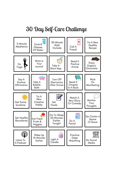 30 Day Self-Care Challenge PRINTABLE PDF in 3 sizes, US Letter, A4, A5 - Instant Download. This simple one-page self-care challenge will get you moving towards a lifestyle where self-care becomes a priority. This is a fun way to promote overall health and well-being. Select a challenge each day and mark off as you go. You will feel a sense of accomplishment when the 30 day challenge is completed. Enjoy a refreshed version of you. Schedule Self Care, Self Love Challenge, Challenge 30 Day, Self Care Challenge, 10 Day Challenge, Creative Advertising Photography, Happiness Challenge, Day Schedule, Relationship Challenge