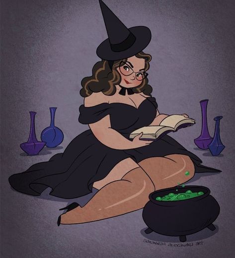 Curvy Witch Drawing, Plus Size Witch Art, Plus Size Pinup Art, Plus Sized Art, Modern Witch Art, Plus Size Character Design, Plus Size Drawing, Plus Size Witch, Fat Witch