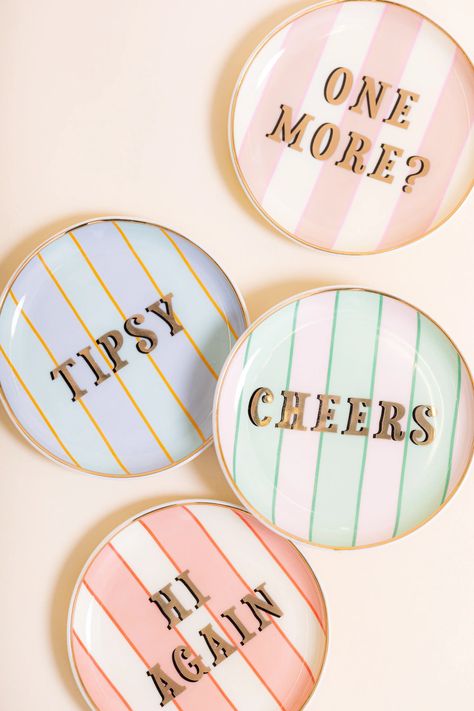 Yvonne Ellen Slogan Coaster (Set of 4) Vintage Bone China, Pastel Stripes, Gold Highlights, Pink And White Stripes, Trinket Dishes, Fine China, Kitsch, Coaster Set, Bone China