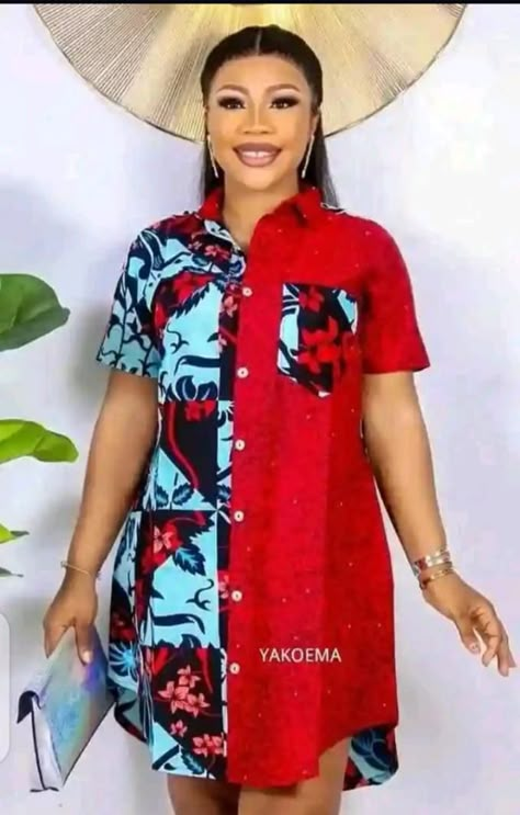 Difficulty: Easy Ankara Shirt Dress, Simple Dress Styles, Short Gown Styles, Fashion Work Outfit, Print Dress Designs, Ankara Short Gown Styles, Classy Short Dresses, Ankara Short, 2piece Outfits