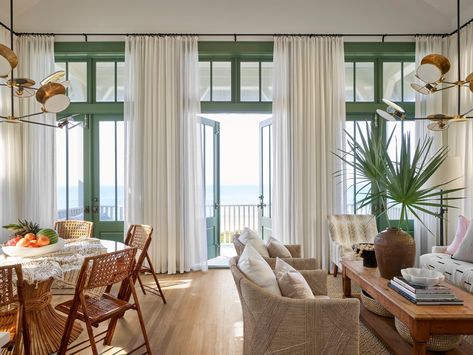 House Beautiful (@housebeautiful) • Instagram photos and videos Living Room With Balcony, Ashley Gilbreath Interiors, Ashley Gilbreath, Room With Balcony, Beachy Living Room, White Linen Curtains, 90s Home, Sheer Linen Curtains, Fish House