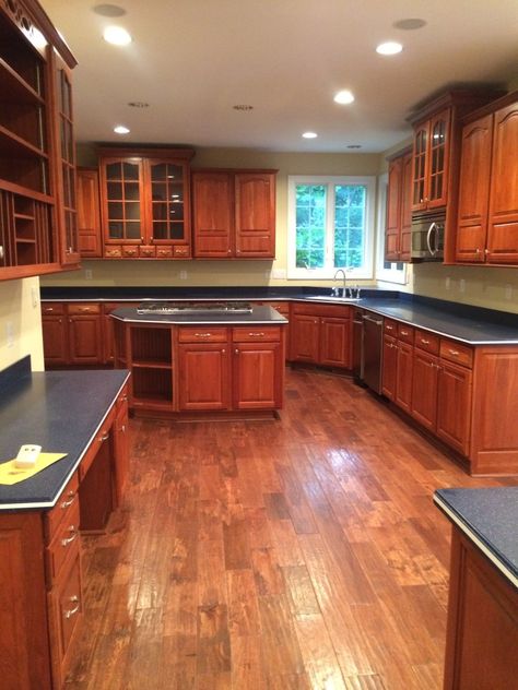 An Epic Painted Kitchen Cabinet Transformation - Evolution of Style Pantry Cabinets In Kitchen, Counter Top Paint, Kitchen Cabinet Color Schemes, Mahogany Kitchen, Cherry Wood Kitchen Cabinets, Cabinets In Kitchen, Cherry Wood Kitchens, Cherry Wood Floors, Cabinet Transformations