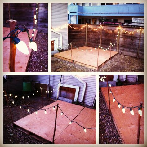 Simple and creative Backyard stage Pallet Stage, Backyard Stage, Stage With Lights, Lights Backyard, Backyard Lights, Summer Night Party, Concert Stage Design, Lights Decoration, Outdoor Stage