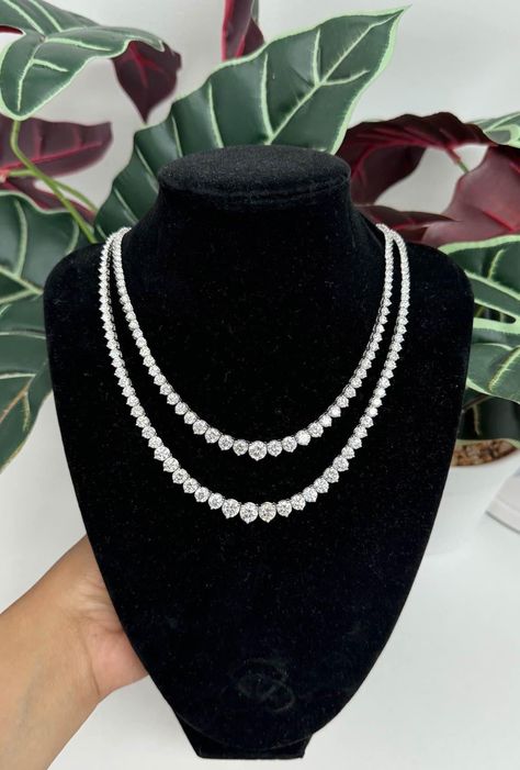 Sparkle like a star with our 15 and 20 carat lab grown diamond tennis necklaces. Dazzling E/F VS diamonds on an 18 inch 14k white gold chain elevates any outfit with a touch of glam. These are custom made to order and deliver in approximately 4 weeks if they aren’t in stock. Please message us to verify availability Luxury White Gold Tennis Necklace For Wedding, Luxury Women's Tennis Necklace For Wedding, Luxury Silver Tennis Necklace For Anniversary, Luxury Single Cut Diamond Tennis Necklace, Luxury Diamond White Station Necklace In Fine Jewelry Style, Luxury Baguette Diamond Necklace For Formal Events, Luxury Elegant Baguette Cut Tennis Necklace, Luxury Sterling Silver Elegant Tennis Necklace, Luxury Elegant Gemstone Tennis Necklace